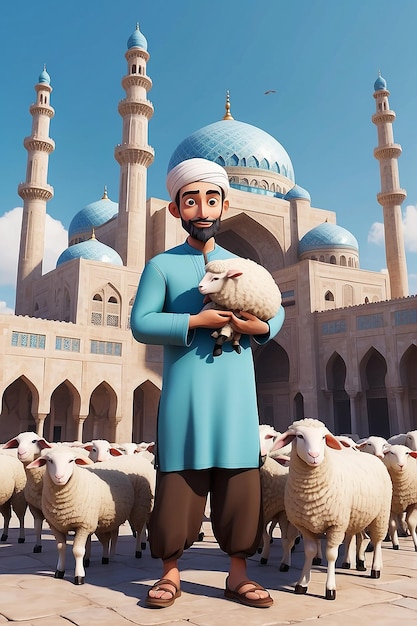 Cartoon Character of a Man Holding Sheep in Front of Mosque