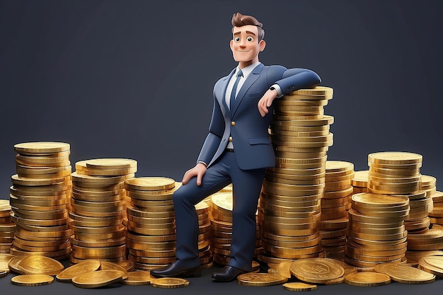 Cartoon character man leaning on a huge stack of gold coins businessman financial consulting 3d rend