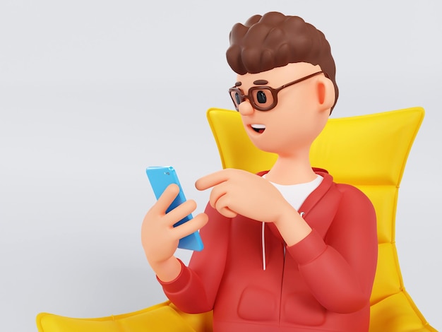 Cartoon character man sitting on a chair with a phone in his hands 3d illustration