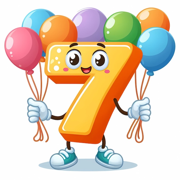 A cartoon character for number 7 with balloons