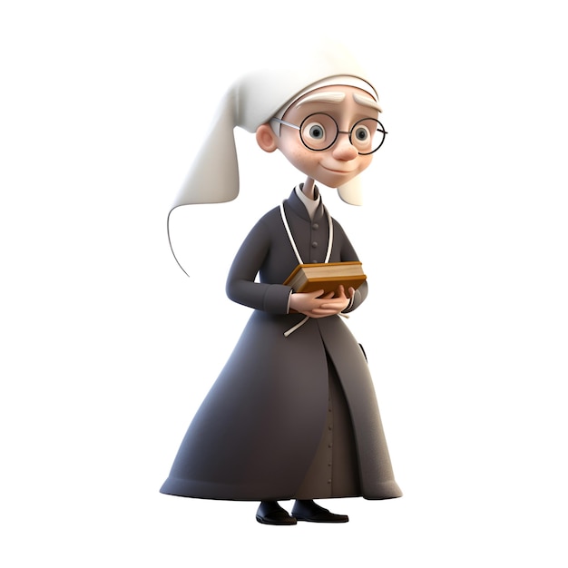 Cartoon character of nun with a book on a white background