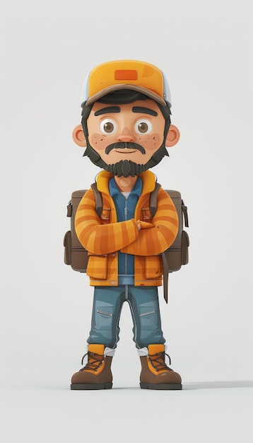 Cartoon Character in Outdoor Adventure Gear Wearing Orange Jacket and Cap Backpack and Hiking