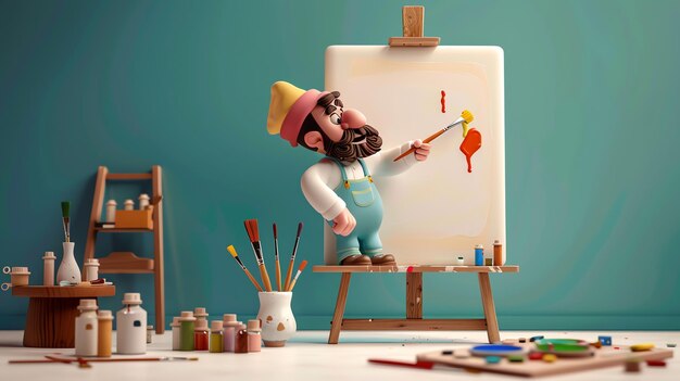 Photo a cartoon character paints on a canvas with a paintbrush