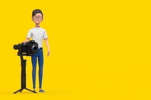 Cartoon Character Person Man with DSLR or Video Camera Gimbal Stabilization Tripod System 3d Rendering