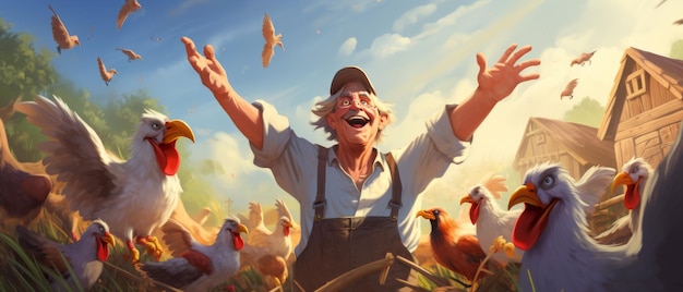 Cartoon character of a person raising chickens on a farm Watercolor style Generative AI