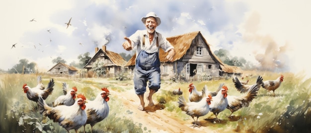 Cartoon character of a person raising chickens on a farm Watercolor style Generative AI