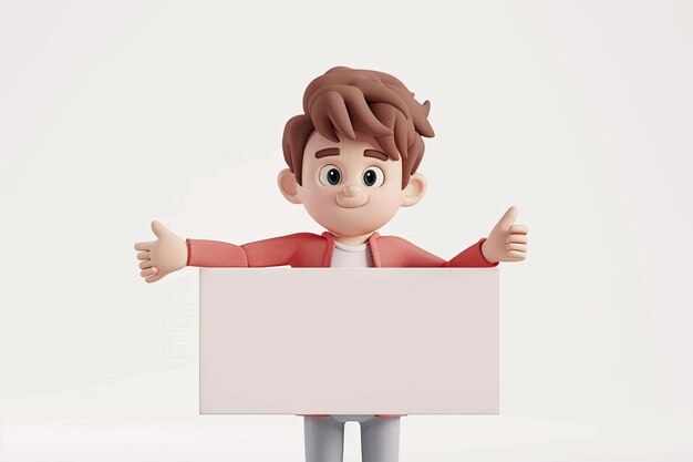 Photo cartoon character person with promotion stand on a white background 3d rendering