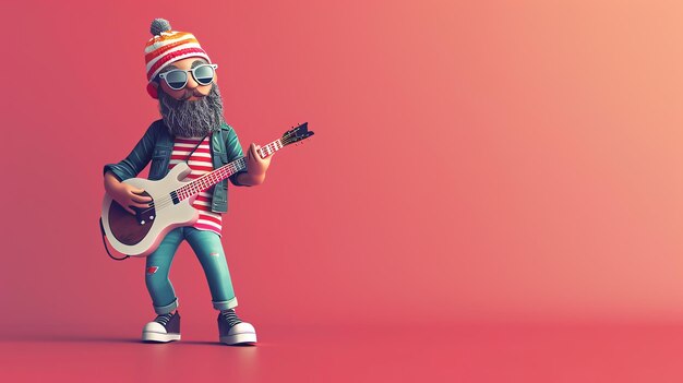 A cartoon character plays a guitar with a cool confident expression