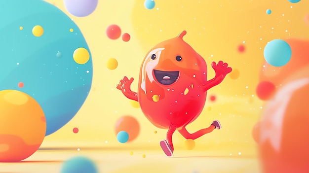 Photo a cartoon character a red blob with a smile runs through a colorful field of floating spheres