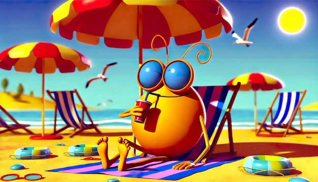 Photo cartoon character relaxing on a sunny beach