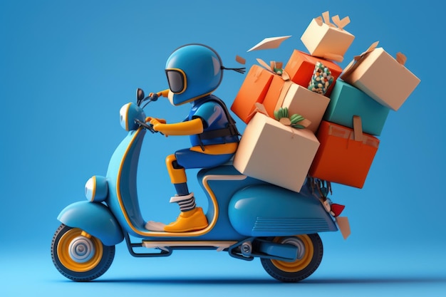 Cartoon character riding scooter with boxes on it Generative AI