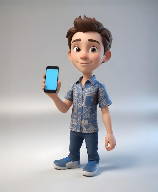 Cartoon character showing smartphone with blank screen with copy space