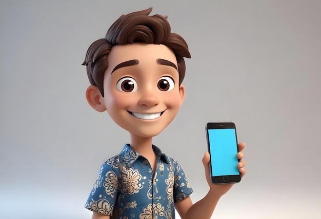 Cartoon character showing smartphone with blank screen with copy space