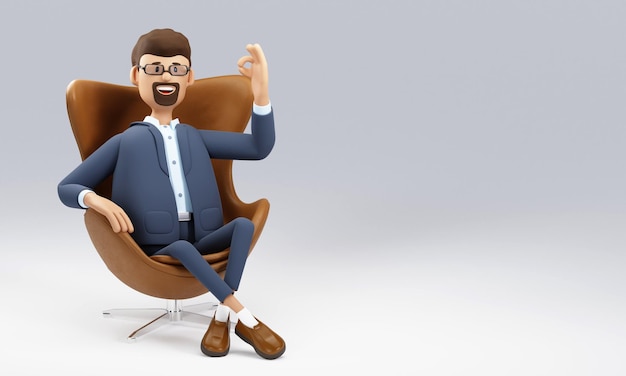 The cartoon character sits in a chair and shows an ok gesture 3D illustration