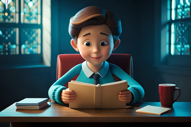 A cartoon character sits at a desk reading a book