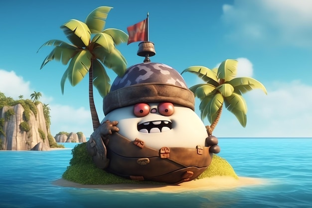 A cartoon character on a small island with palm trees in the background.