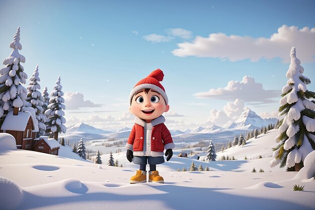 A cartoon character in a snowy landscape