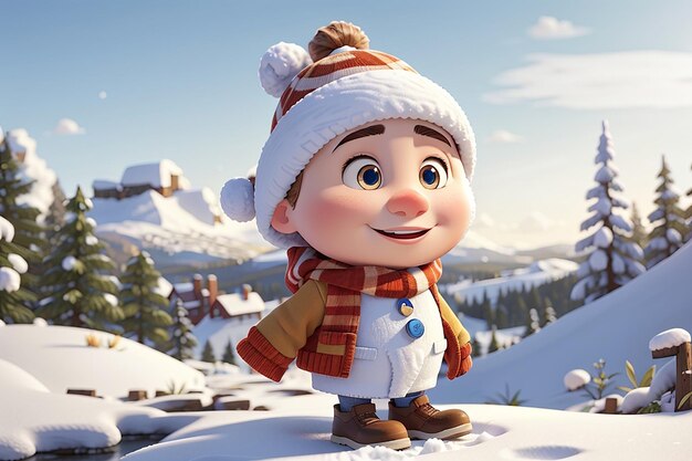 A cartoon character in a snowy landscape