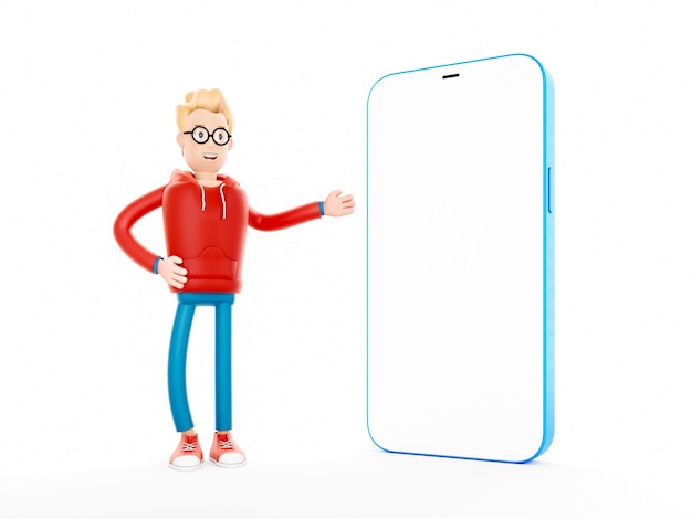 Cartoon character standing next to a large phone