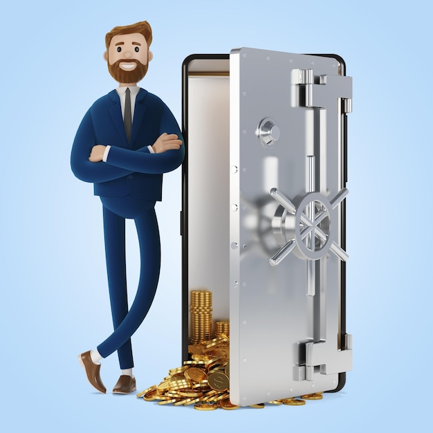 A cartoon character stands with a phone in the form of a safe Mobile bank 3D illustration