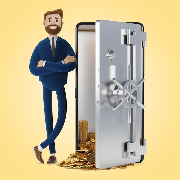 A cartoon character stands with a phone in the form of a safe Mobile bank 3D illustration