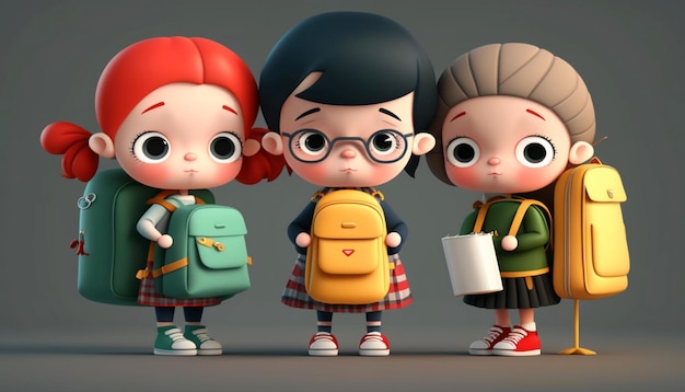 Cartoon character of three little school going children Generative Ai