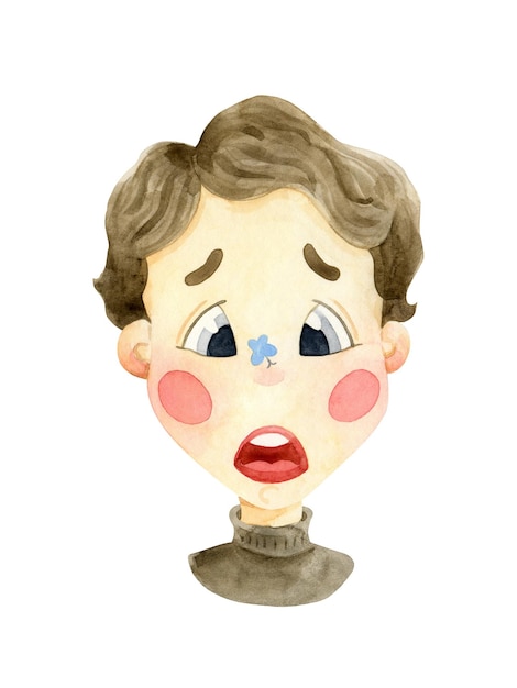 Cartoon character watercolor illustration on white. Girl's boy's face with butterfly character.