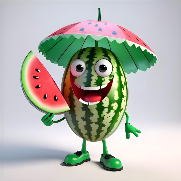 cartoon character watermelon with slice on white background