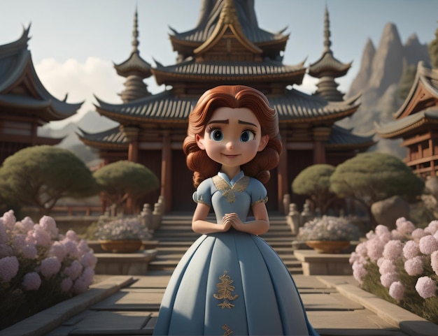 A cartoon character with a background of a building and a princess in a blue dress.