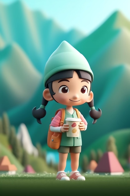 A cartoon character with a backpack and a backpack stands in front of a mountain.