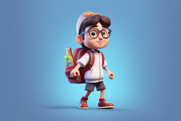 A cartoon character with a backpack and glasses with a book on his back.