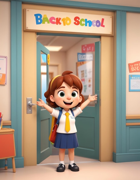 a cartoon character with a backpack stands in front of a school sign that says back to school