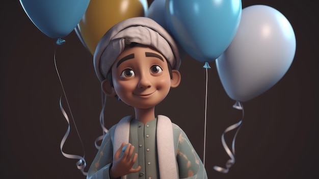 A cartoon character with balloons in the background