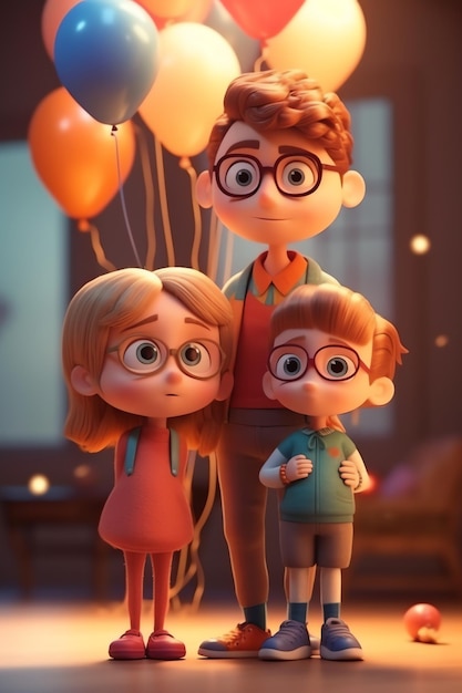 A cartoon character with balloons and the words family on it