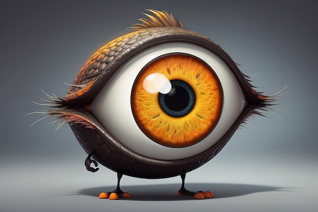 A cartoon character with a big eye and a big eye and a big orange and yellow eye