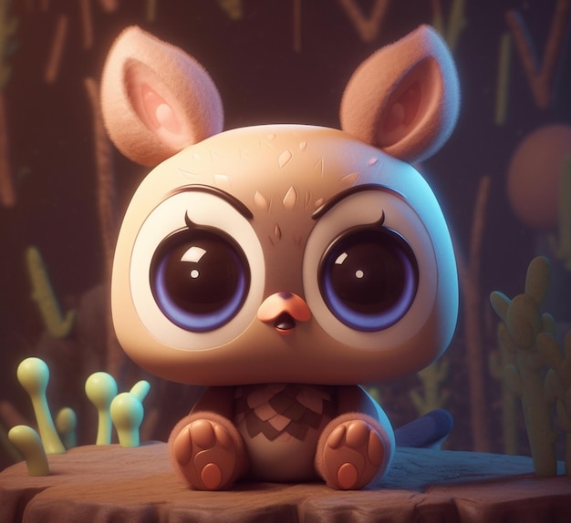 A cartoon character with big eyes sits on a stump.