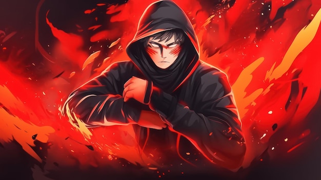 A cartoon character with a black hood and red eyes stands in front of fire and the words fire on the bottom.