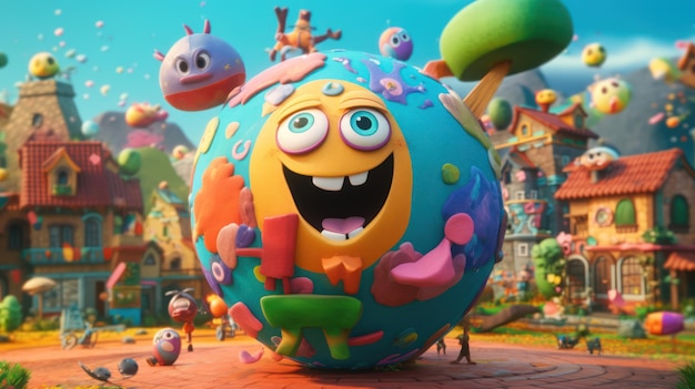 A cartoon character with a blue ball in front of a city.