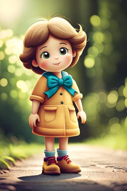 A cartoon character with a blue bow on her dress.