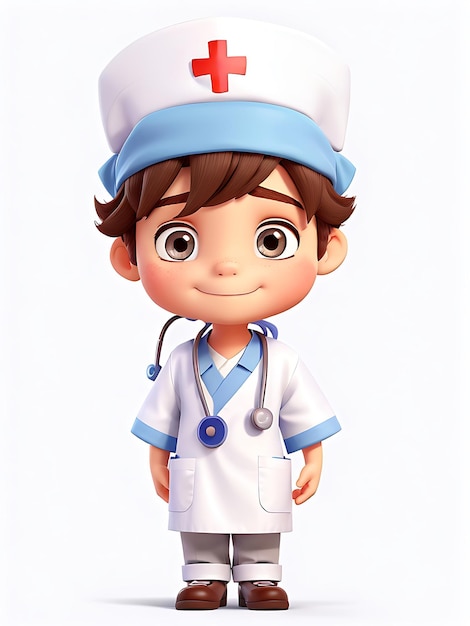 A cartoon character with a blue cap and a white uniform CUTE NURSE 3D NURSE AI GENERATED