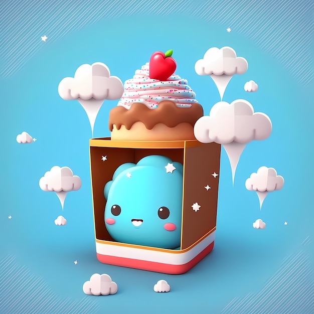 A cartoon character with a blue cloud shaped ice cream cake.