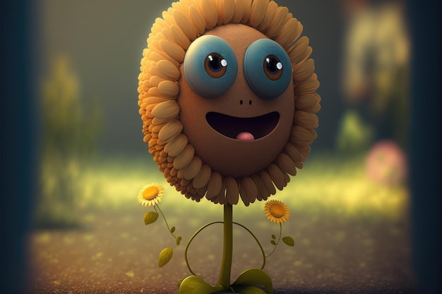 A cartoon character with a blue eye and a yellow flower on its head.