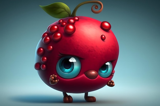 A cartoon character with blue eyes and a red apple with a green leaf on the face