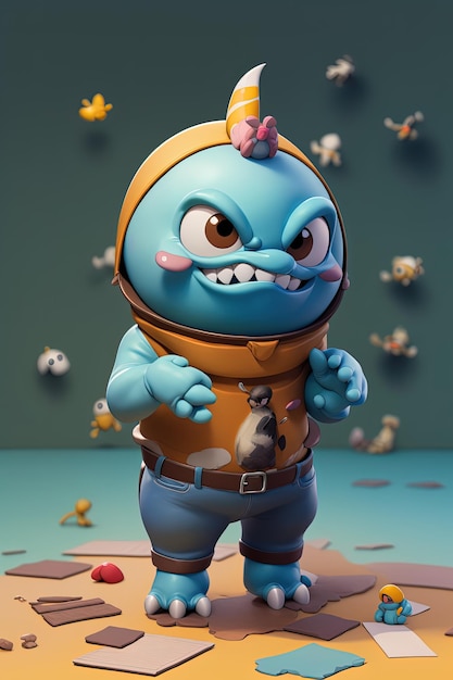 a cartoon character with a blue head that says monster.