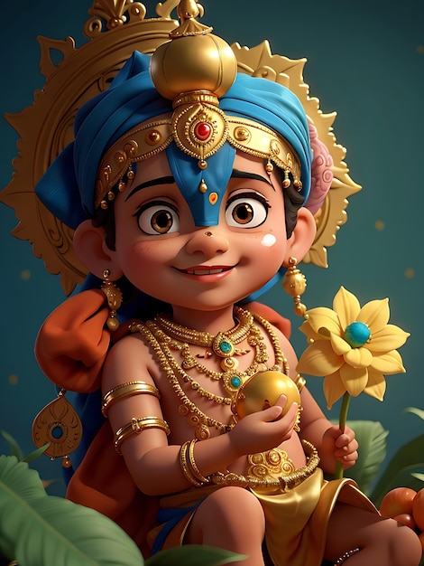 A cartoon character with a blue headband and gold beads Happy Janmashtami AI GENERATED