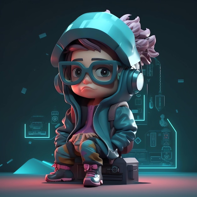 A cartoon character with a blue hoodie and a hoodie that says'i'm a robot '