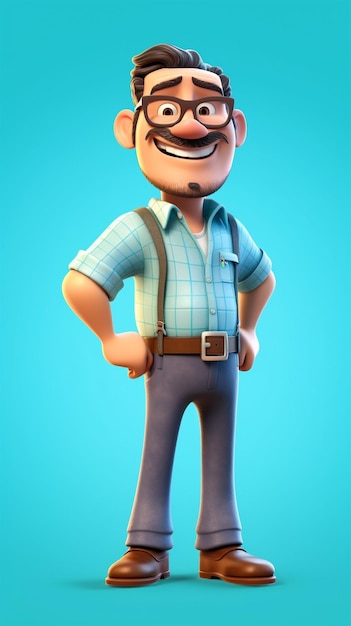 A cartoon character with a blue shirt and a hat with a mustache and a mustache.