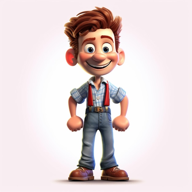 A cartoon character with a blue shirt and suspenders that says " i'm a boy ".