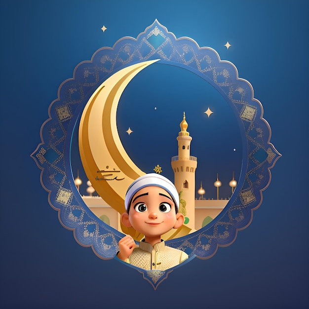 a cartoon character with a book on the moon and a mosque in the background