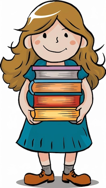 Photo a cartoon character with books on her shoulders is holding a stack of books